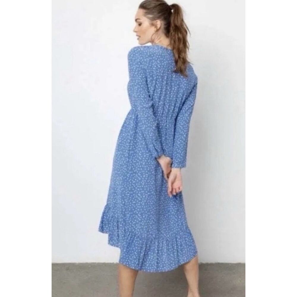 Rails Jade Blue/White Wisteria High -low Midi Dress M Floral Long Sleeve
